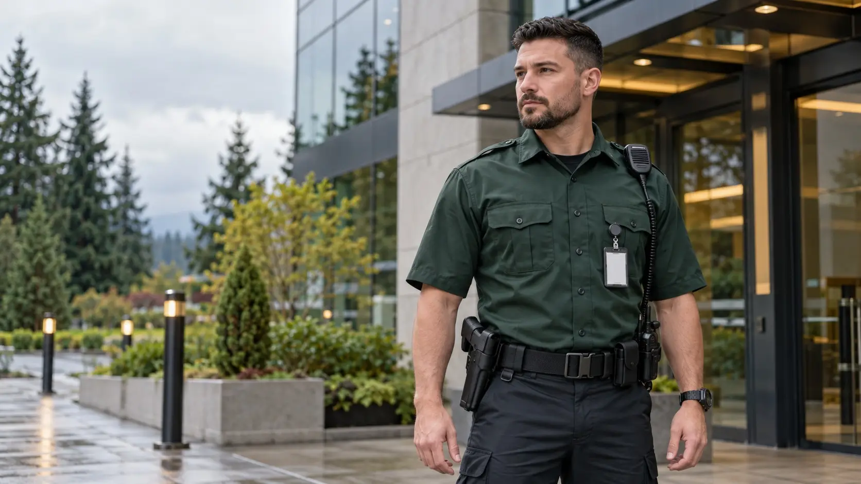 Armed Evergreen Off Duty security officer in green uniform standing outside a building