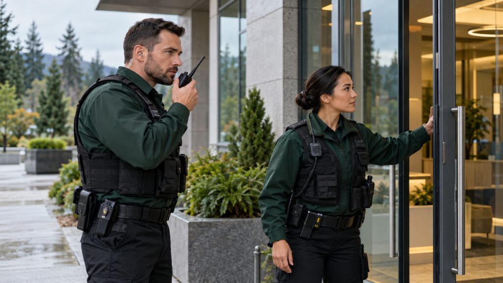 Evergreen Off Duty officer using a radio as a colleague checks a building door