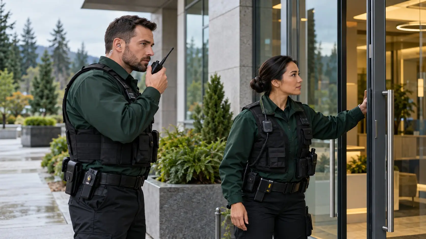 Evergreen Off Duty officer using a radio as a colleague checks a building door