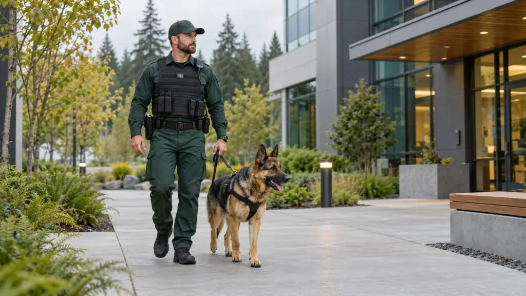 Evergreen Off Duty K9 handler walking a German Shepherd outside a building
