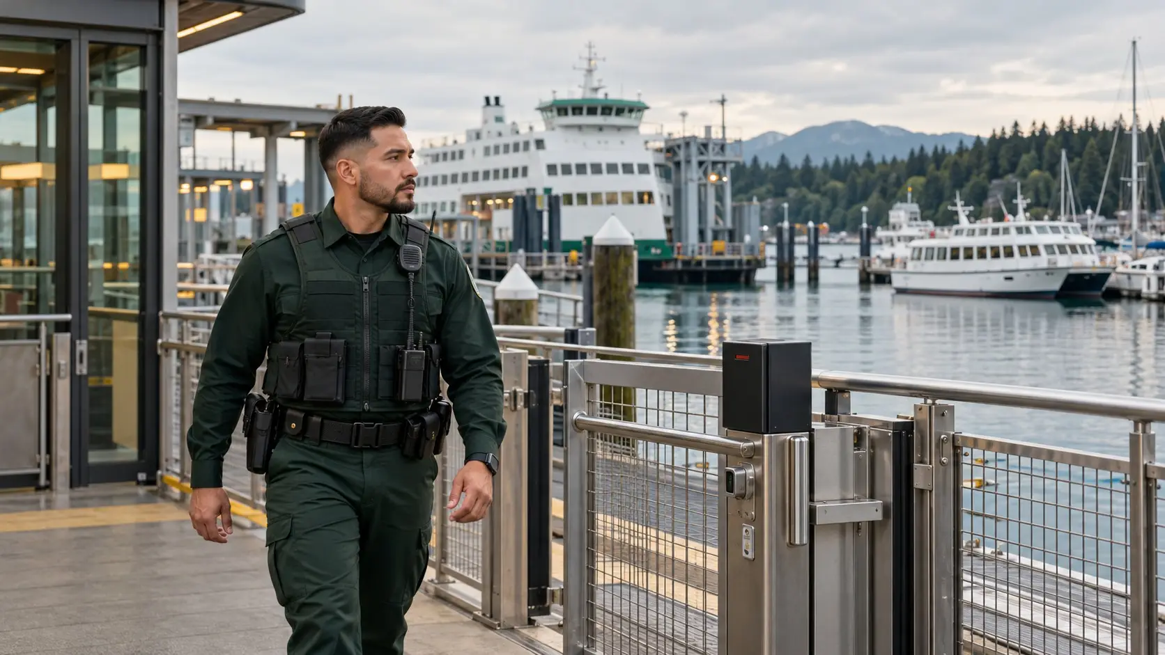 Evergreen Off Duty officer patrolling a waterfront walkway near a ferry and marina