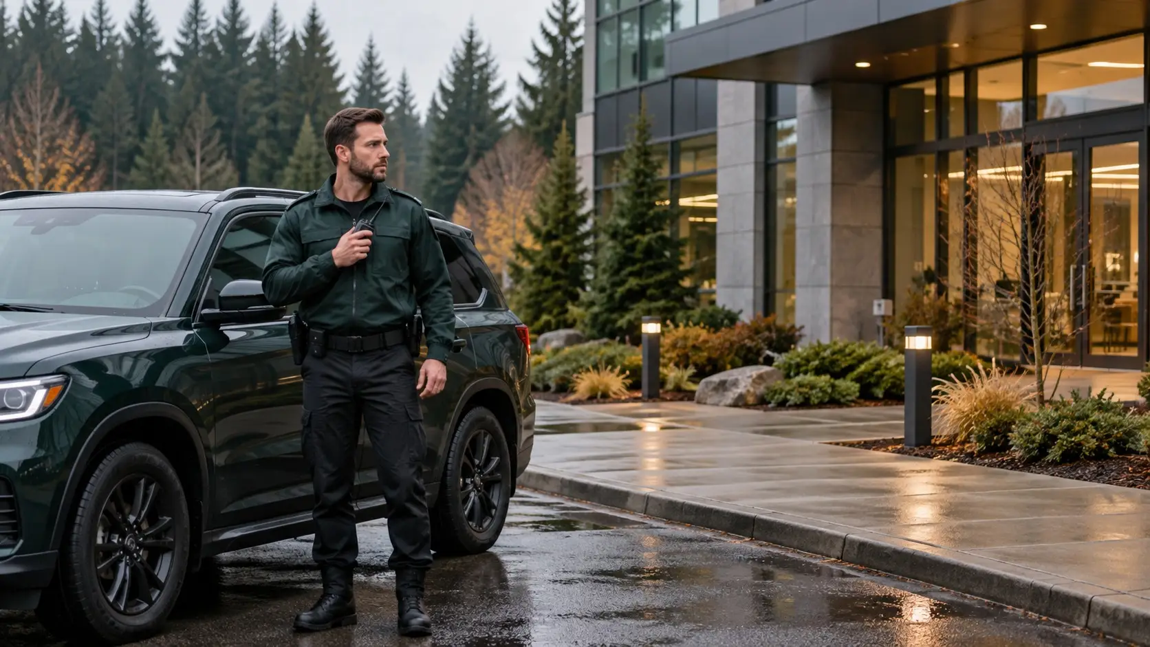 Evergreen Off Duty officer patrolling a building entrance beside a dark SUV