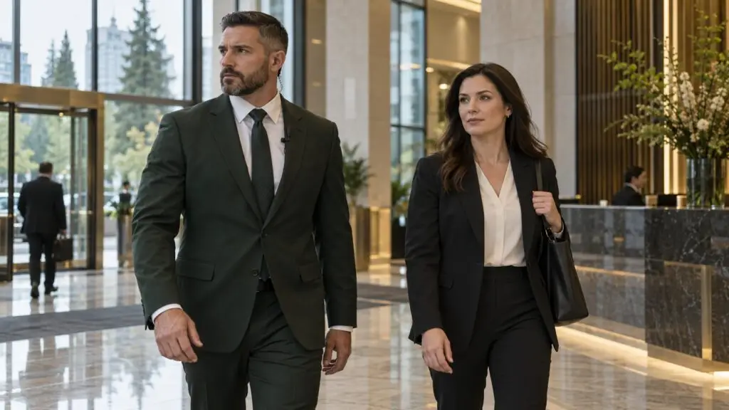 Security professional in a suit escorting a woman through a building lobby