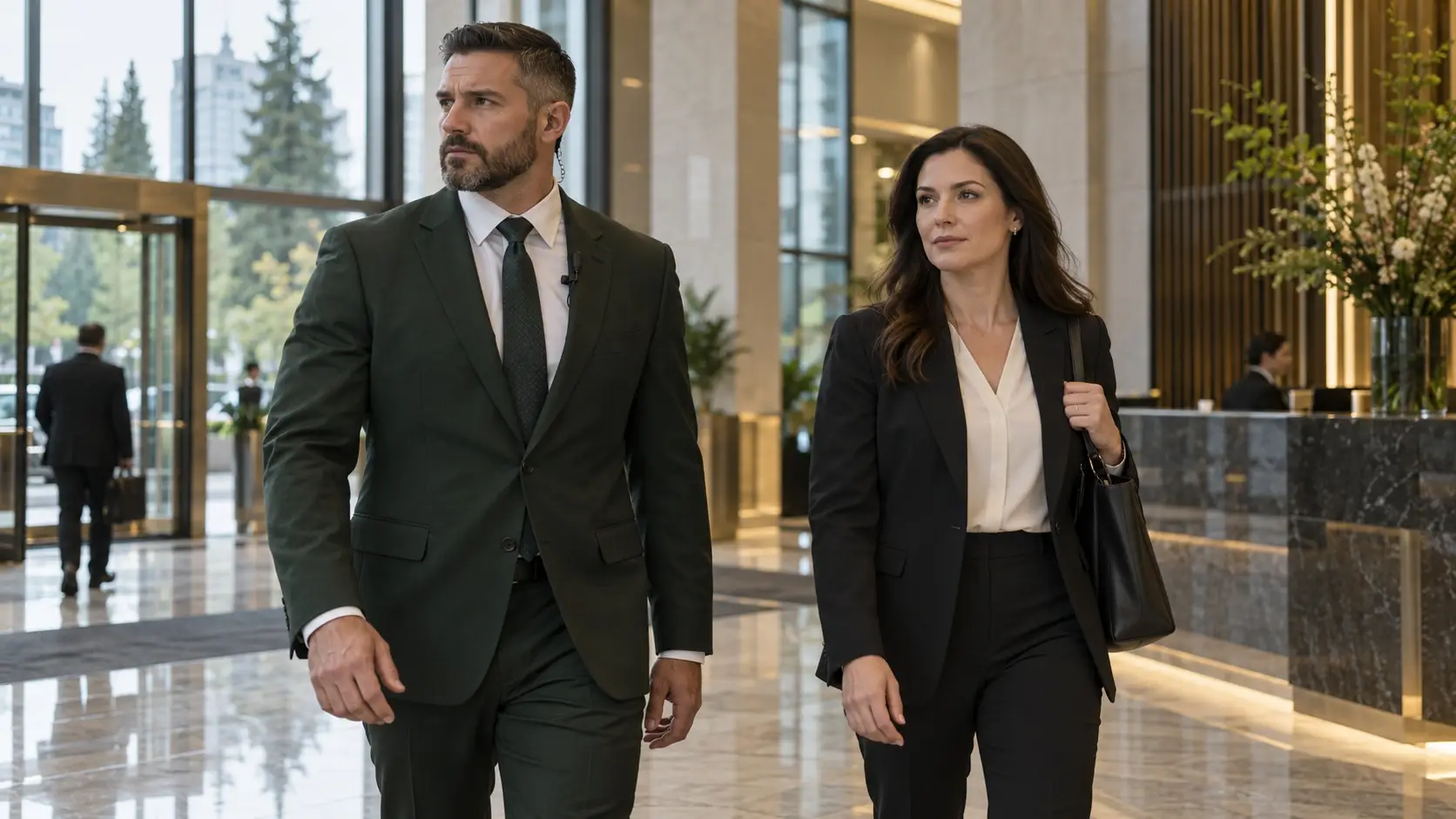 Security professional in a suit escorting a woman through a building lobby