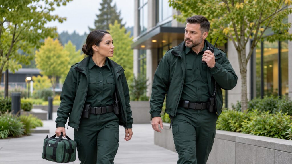 Two Evergreen Off Duty officers carrying a medical bag while responding outside a building