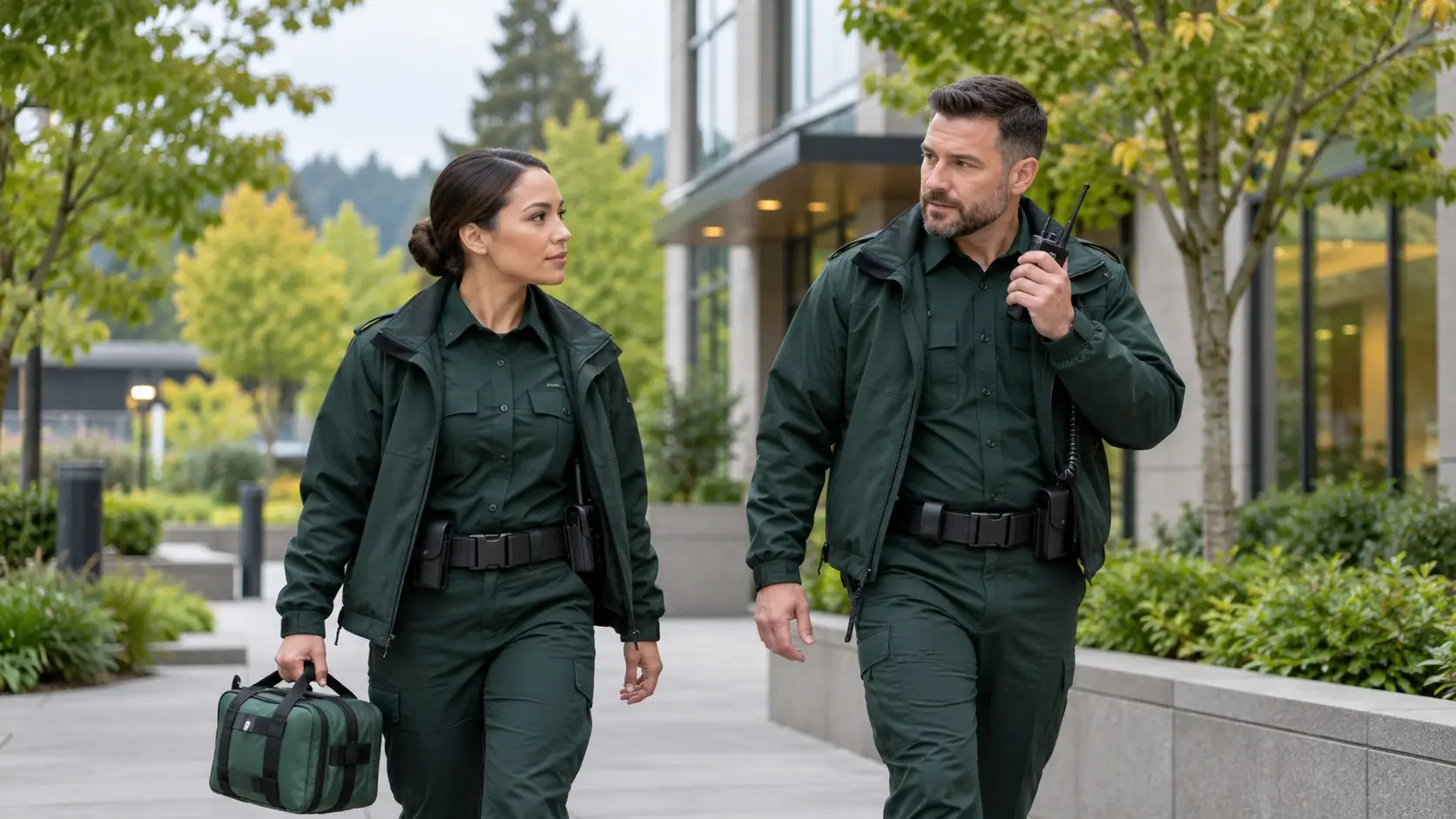 Two Evergreen Off Duty officers carrying a medical bag while responding outside a building